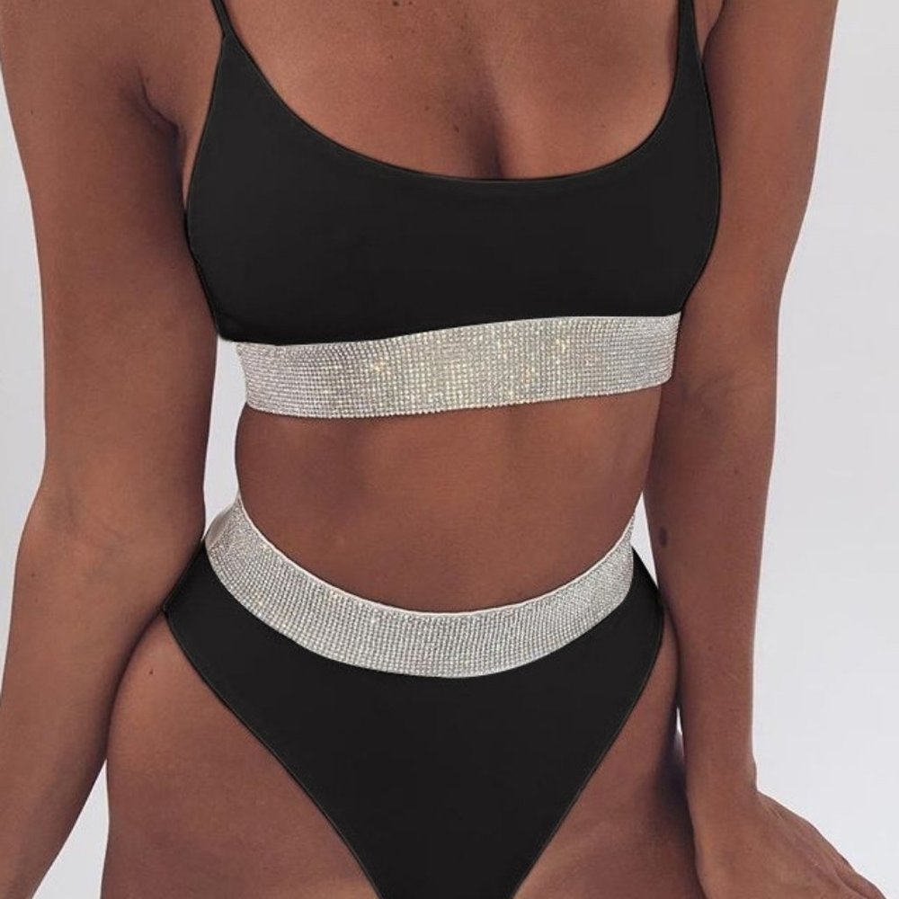 Splicing High Waist Bikini Set Black NEW